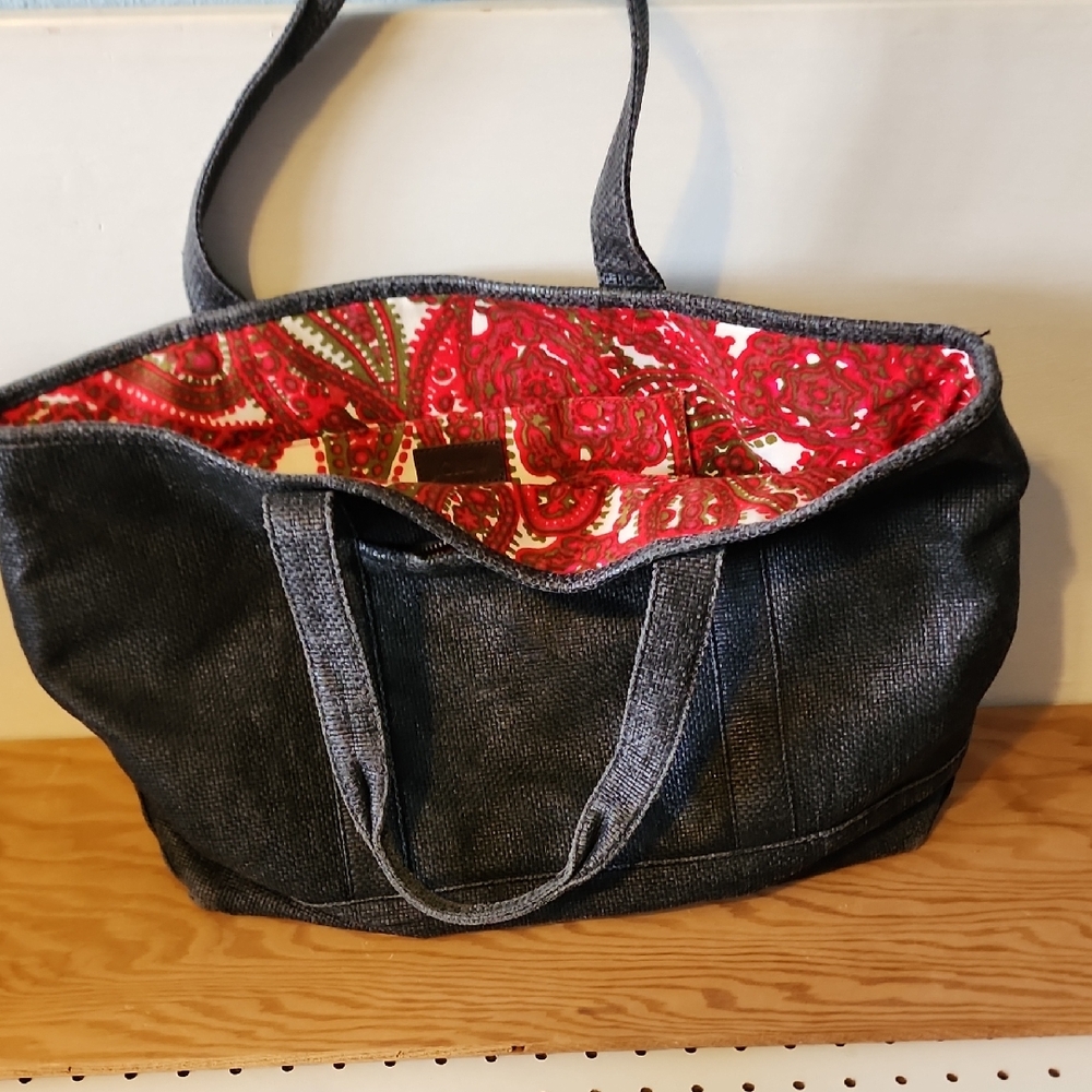 J.Crew Large Black Straw Tote Bag Purse Handbag Women Travel Beach Paisley